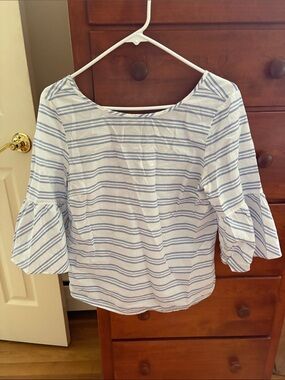 J. Crew White Blouse with Light Blue Stripes and Ruffle Sleeves